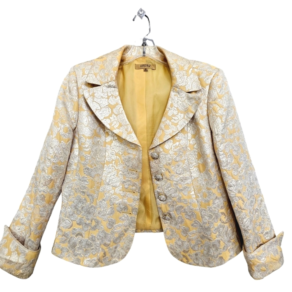 Vintage Kasper Gold/Creme Metalic Floral Jacquard Rhinestone Buttons Suit Set - Picture 15 of 17